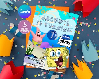Sponge-bob Editable Invitation, Sponge Birthday Invitation, Boys Birthday Party, Girls Printable Invitation Template, Sponge Square