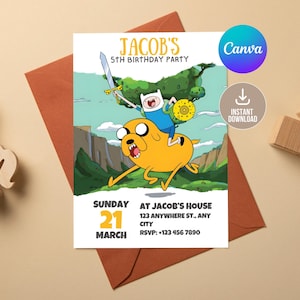 May include: A birthday party invitation featuring Finn and Jake from Adventure Time. The invitation is for Jacob's 5th birthday party. The text on the invitation reads "Jacob's 5th Birthday Party", "Sunday", "21", "March", "At Jacob's House", "123 Anywhere St., Any City", and "RSVP: +123 456 7890".