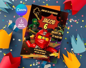 Bewerkbare Ninja Go uitnodiging digitale, afdrukbare rode Ninja verjaardagsfeestje uitnodiging, bewerkbare in afdrukbare download, jongen verjaardag, rode Ninja