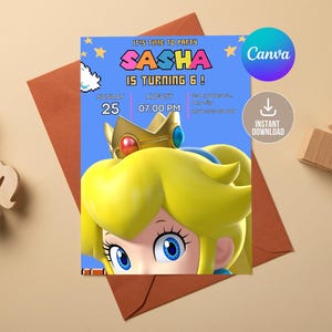 Bearbeitbare Prinzessin Peach Geburtstagseinladung, Super Mario Prinzessin Geburtstagseinladung, bearbeitbare und druckbare Vorlage, Mädchen einladen