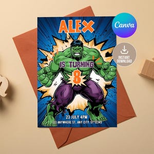 Convite de aniversário do Hulk editável, convite de aniversário de super-heróis, convite de aniversário do Hulk, convite de aniversário do Hulk para impressão digital