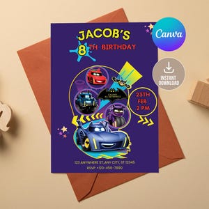 Edytowalny szablon zaproszenia Bat Cars, edytowalne cyfrowe zaproszenie na urodziny superbohatera, drukowane zaproszenie na przyjęcie urodzinowe Bat, urodziny dziecka