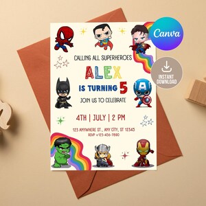 Editable Superheroes Birthday Invitation Template, Printable Birthday Party Invitation, Kids Party Invite, Template Superhero Birthday