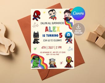 Editable Superheroes Birthday Invitation Template, Printable Birthday Party Invitation, Kids Party Invite, Template Superhero Birthday