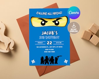 Bearbeitbare Blue Ninja Go-Einladung, digitale blaue Ninja-Geburtstagsfeier-Einladung, bearbeitbar-druckbarer Download, Jungen-Geburtstag, Lets Party Ninjas