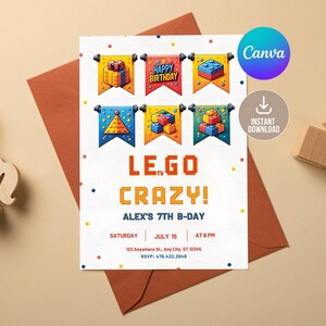 Editable Building Blocks Birthday Invitation Digital,Printable Birthday Invitation,Building Bricks Kids Birthday Party Invite, Kid birthday