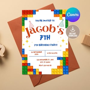 Editable Building Blocks Birthday Invitation Digital,Printable Birthday Invitation,Building Bricks Kids Birthday Party Invite, Kid birthday