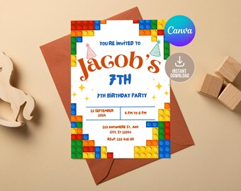 May include: A printable birthday party invitation with a Lego theme. The invitation is white with a colorful Lego border and features the text "You're invited to Jacob's 7th 7th Birthday Party". The invitation also includes the date, time, and location of the party.