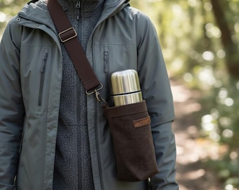 Waxed Canvas Thermos Holder – Bottle Sling Bag – Durable Flask Carrier – Outdoor Travel Bottle Pouch