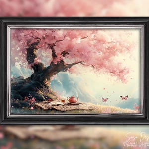 Serenidad bajo el cerezo - Póster digital descargable - Arte mural zen - Decoración natural y de bienestar - Ilustración bohemia