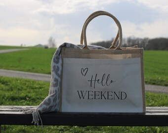 Hello WEEKEND - Jute/ Baumwolle Tasche | Shopper | Markttasche | Einkaufstasche | Strandtasche | Geschenktasche | Geschenk Idee
