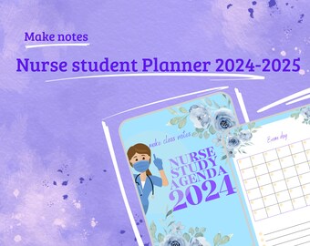 May include: A blue and white planner with a floral design and the text "Nurse Study Agenda 2024" on the cover. The planner is for nurse students and includes a section for making class notes and a calendar for exam days.