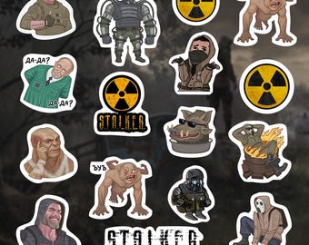 Puede incluir: Un conjunto de 14 pegatinas con personajes y símbolos del videojuego S.T.A.L.K.E.R. Las pegatinas están impresas sobre fondos blancos con contornos negros. Los personajes incluyen un hombre con una máscara de gas, un hombre con un arma, un hombre con un perro, un hombre con un símbolo de radiación y un hombre con un signo de interrogación. Los símbolos incluyen un símbolo de radiación, un signo de interrogación y la palabra "S.T.A.L.K.E.R."