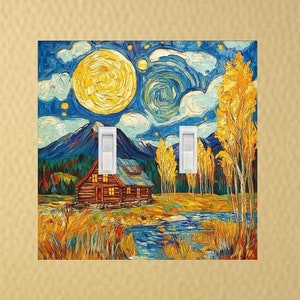 May include: A double light switch cover featuring a painting of a cabin in a forest with a starry night sky, a yellow moon, and a river. The painting is in a style reminiscent of Vincent van Gogh.