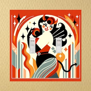 May include: A decorative light switch cover featuring a retro illustration of a devil woman. The artwork is set against a red background with orange and black accents, and includes two light switch toggles.