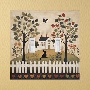 May include: A light switch cover with a whimsical illustration of a white picket fence, two houses, trees, and a black cat. The illustration is in a folk art style with a muted color palette.