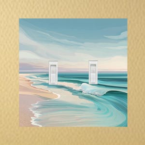 May include: A decorative light switch cover featuring a coastal scene. The artwork depicts a beach with turquoise waves, a sandy shore, and a blue sky with clouds. Two white light switch toggles are centered on the cover.
