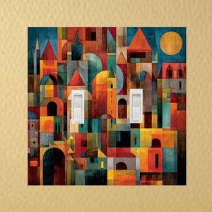 May include: A colorful light switch cover featuring an abstract geometric design of a city with buildings, arches, and a sun. The artwork uses a palette of red, orange, blue, and yellow. Two white light switches are visible.