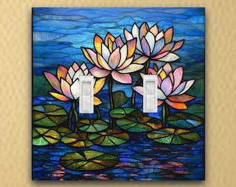 Stained Glass Inspired Water Lilies Light Switch Plate-Outlet cover-switch plate-wall decor-Stained glass Wildflowers-rocker plate-cover