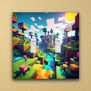 May include: A light switch cover with a Minecraft-themed design. The cover features a pixelated landscape with green hills, a blue river, and pink flowers. The sun is shining in the sky.