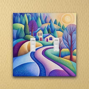May include: A light switch cover with a colorful abstract painting of a winding road leading to two houses in a forest. The painting features shades of blue, purple, green, and yellow.