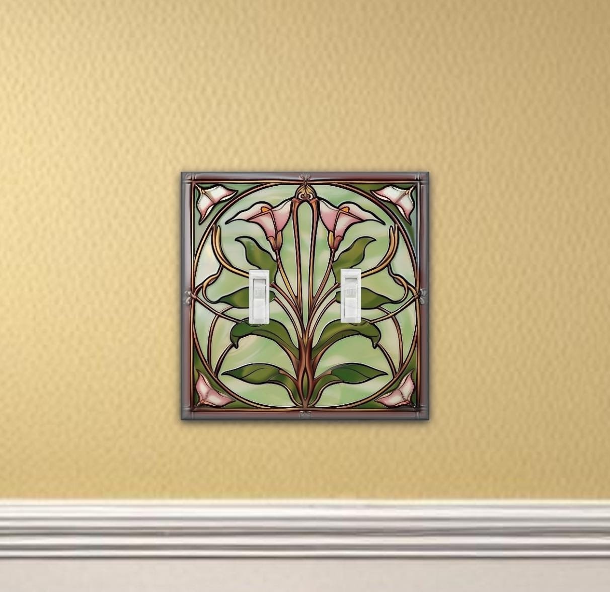 Art Nouveau Pink Calla Lily Stained Glass inspired Design-Wall Switch Plate outlet cover rocker plate home decor wall plate covers gift idea