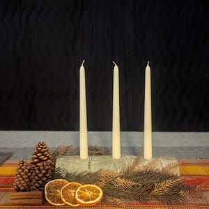May include: A rustic centerpiece featuring three white candles on a birch log surrounded by pine sprigs, dried orange slices, and pine cones on a colorful table runner.