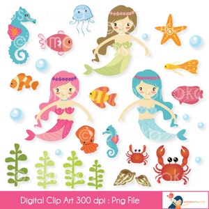 Mermaid Digital Clip Art Set, Cute and Colorful - Idea for Scrapbooking and Paper Crafts