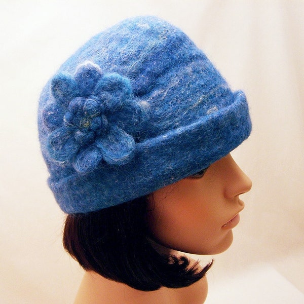 SALE The Blue Sky Hat - Hand Felted Wool Hat with Detachable Flower Brooch or Pin