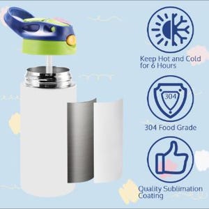 May include: White water bottle with a blue and green lid, and a silver rim. The bottle is shown with an exploded view of its components. Text on the right side reads: "Keep Hot and Cold for 6 Hours", "304 Food Grade", and "Quality Sublimation Coating."