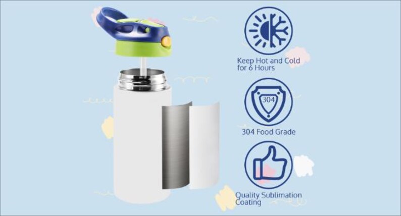 May include: White water bottle with a blue and green lid, and a silver rim. The bottle is shown with an exploded view of its components. Text on the right side reads: "Keep Hot and Cold for 6 Hours", "304 Food Grade", and "Quality Sublimation Coating."