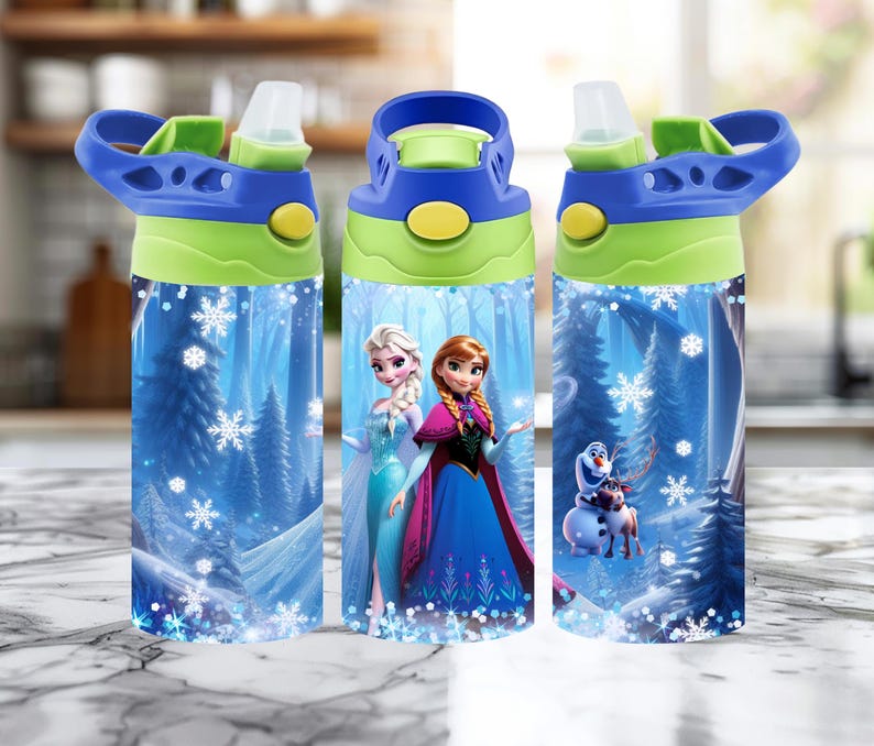 May include: Three blue and green water bottles featuring characters from the movie Frozen. The bottles have a blue and green lid with a flip-top spout. The bottles have a winter forest scene with snowflakes and the characters Elsa, Anna, and Olaf.