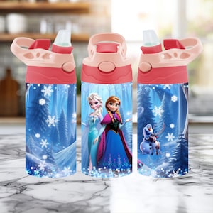 May include: Three water bottles with pink lids and blue bases featuring characters from the movie Frozen. The bottles have a winter forest scene with snowflakes and the characters Elsa, Anna, and Olaf.