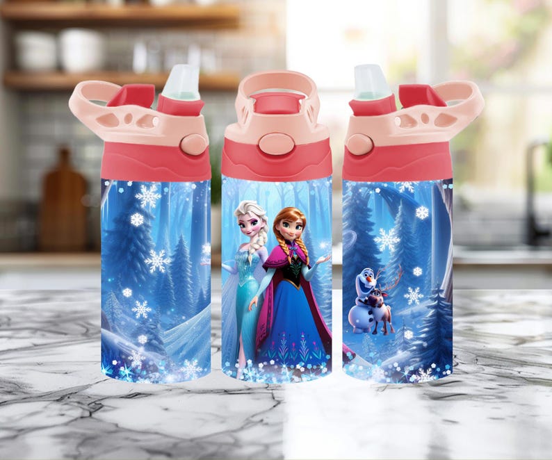 May include: Three water bottles with pink lids and blue bases featuring characters from the movie Frozen. The bottles have a winter forest scene with snowflakes and the characters Elsa, Anna, and Olaf.