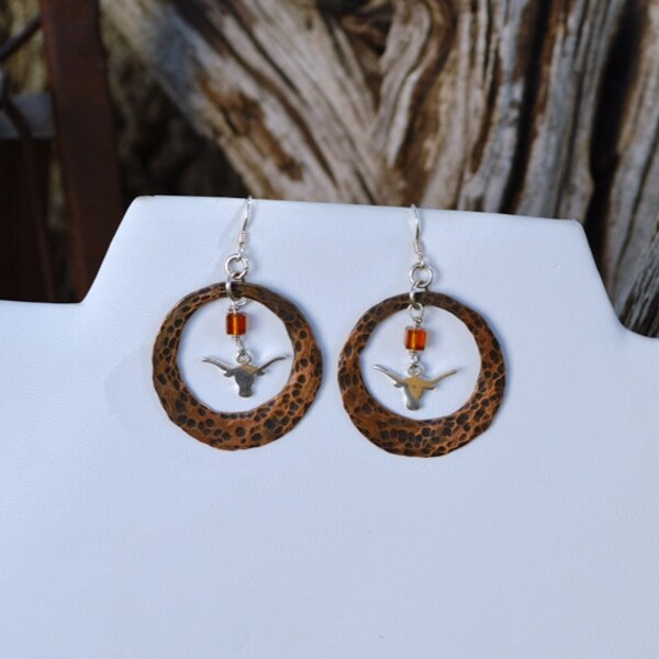 Longhorn steer copper and sterling silver earrings, Christmas gift, birthday gift, gifts, University of Texas fans, Texas fans FREE SHIPPING