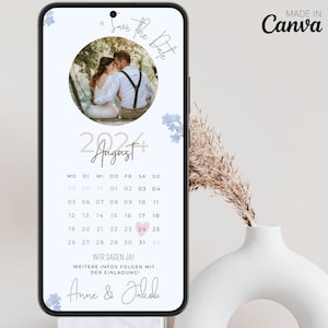 Salva la data Calendario digitale per matrimoni | invito a nozze digitale personalizzato con foto | Foto di matrimonio salva-data blu con fiori