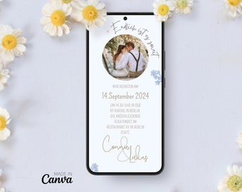 ダウンロード用のデジタル結婚式招待状 |パーソナライズされた結婚式の招待状 | Canvaの結婚式招待状テンプレート|花と青