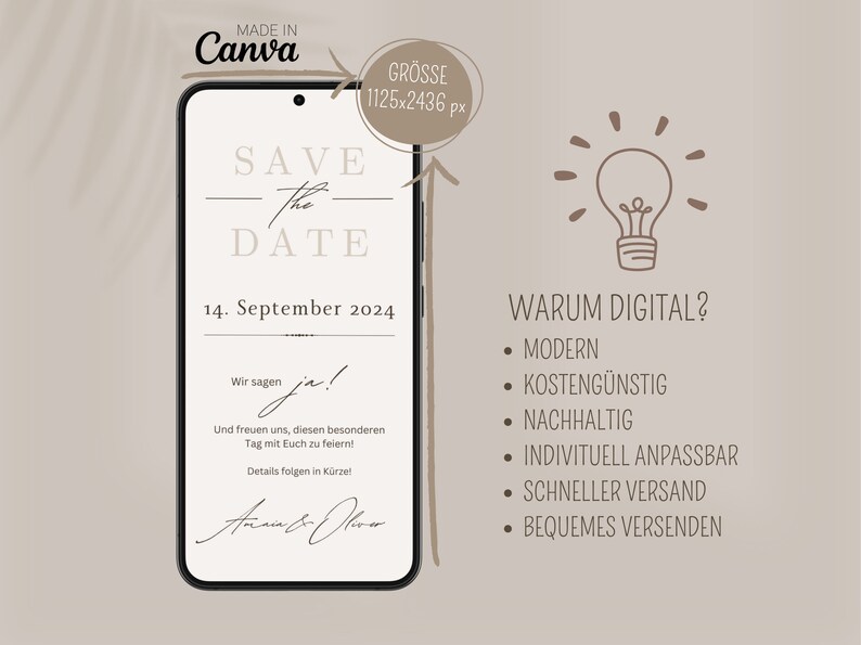 Save the Date Hochzeit Digital Digitale Hochzeitseinladung personalisiert Save-the-date zum versenden mit Whatsapp Safe the date ecard