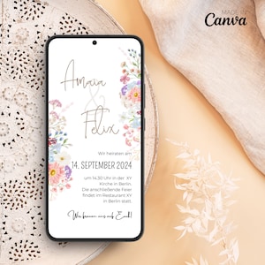 Digitale Hochzeitseinladung Blumen mit Tagesablauf | personalisierte Einladung zur Hochzeit mit Wildblumen | ECard Hochzeit Einladung