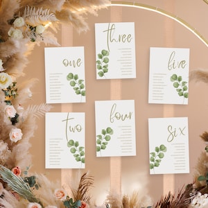 Seating plan wedding table plan seating arrangement minimalist table decoration table numbers eucalyptus find your place seating plan template wedding