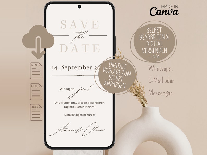 Save the Date Hochzeit Digital Digitale Hochzeitseinladung personalisiert Save-the-date zum versenden mit Whatsapp Safe the date ecard