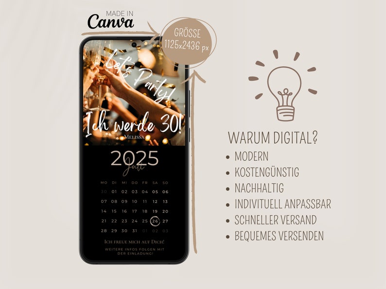 Digitale Geburtstagseinladung personalisiert mit Bild Save the Date digital mit Foto personalisierbar Kalender Save the Date Geburtstag