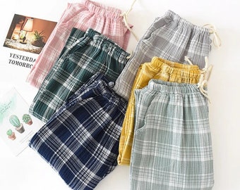 Plaid pants pajamas. Cotton gauze fabric, extremely comfortable, airy sleepwear for women in a variety of sizes & colors. Vintage style