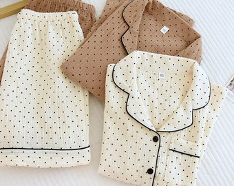 Pajamas with shirt and cotton shorts. Thin women's summer pajama suit, cardigan shirt comes in a polka dot print homewear set,vintage style.