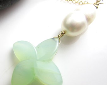 Aqua Chalcedony and Pearl on 14k Goldfill Chain Necklace