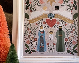 Floral Folk Art Nativity light background - 8x10 or 11x14 print - Beautiful Christmas decor!