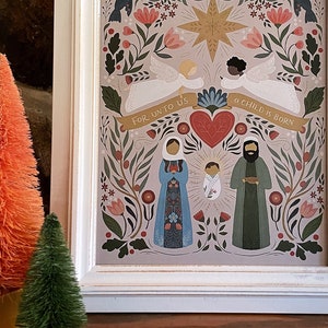 Floral Folk Art Nativity light background 8x10 or 11x14 print Beautiful Christmas decor image 1