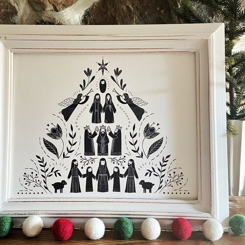 Floral Folk Art Nativity Dark Background 8x10 or 11x14 Print Etsy