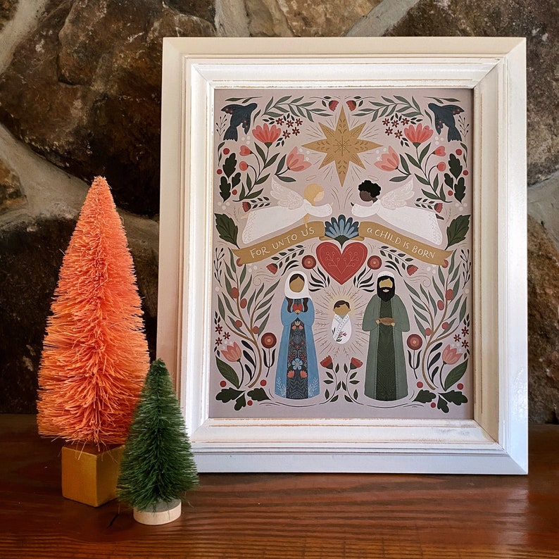 Floral Folk Art Nativity light background 8x10 or 11x14 print Beautiful Christmas decor image 1