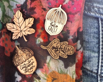 Fall Lovers' Wood Pins - maple leaf, oak leaf, acorns